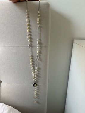 Chan Luu Long Cream Bead Necklace with Silver Accents